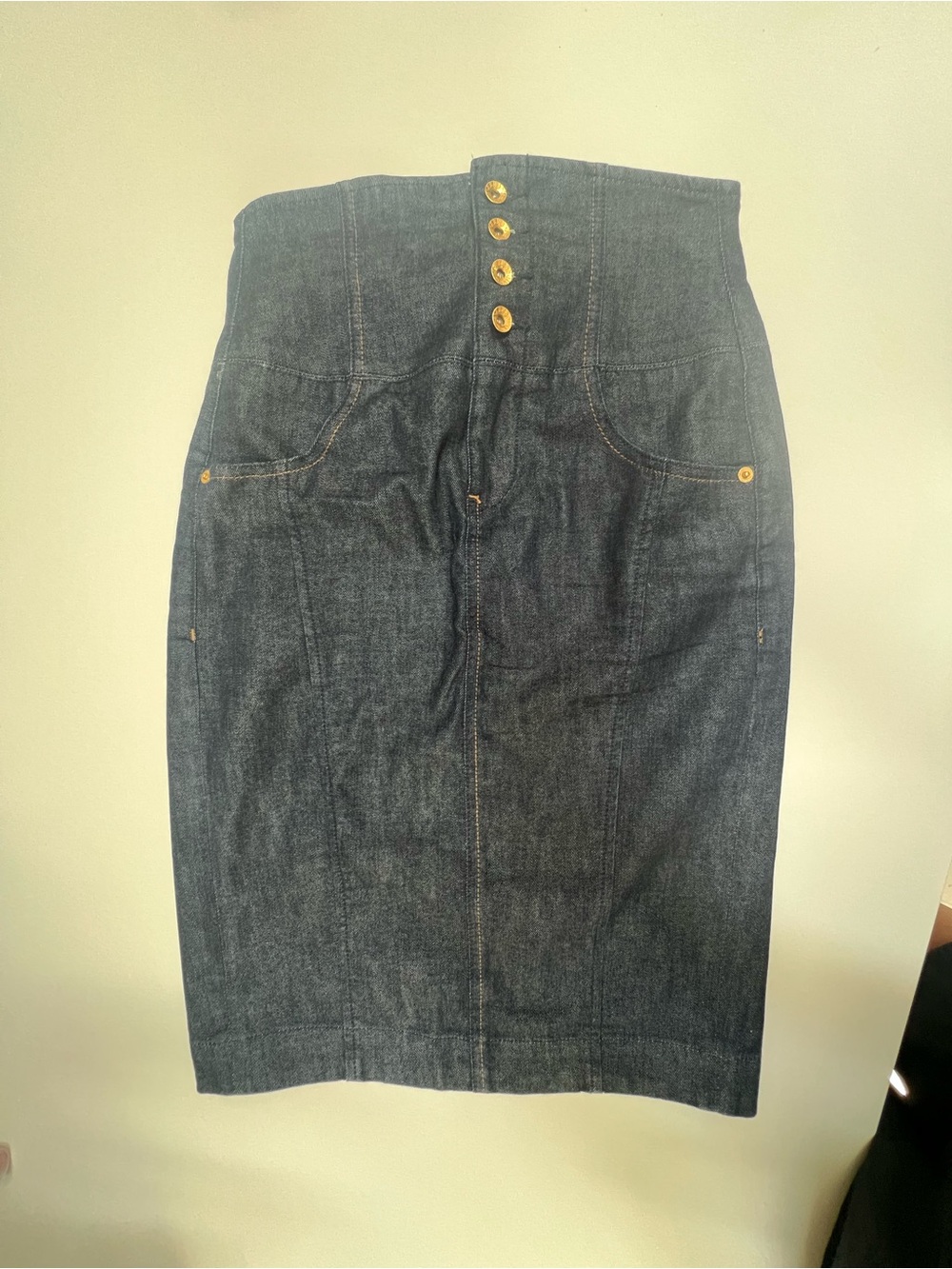 Armani Exchange Dark Blue Denim High-Waist Pencil Skirt with Gold Buttons